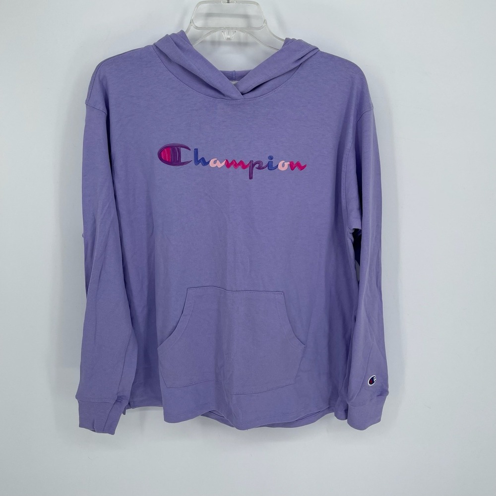 Champion Women's Purple Script Logo Long Sleeve Lounge Hoodie Sweatshirt Size M